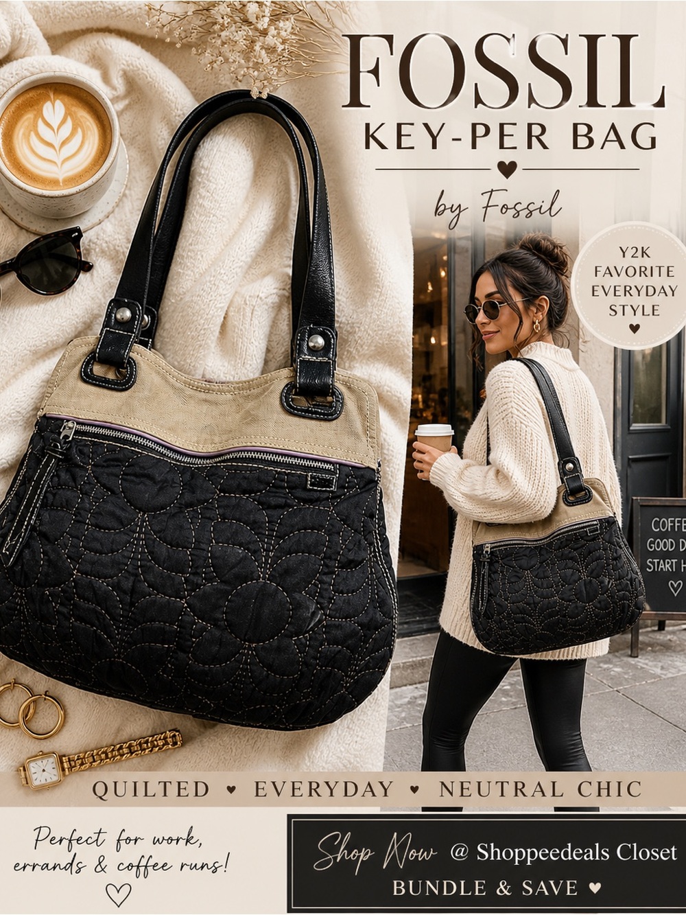 Fossil Key-Per Black Floral Quilted Canvas Shoulder Bag